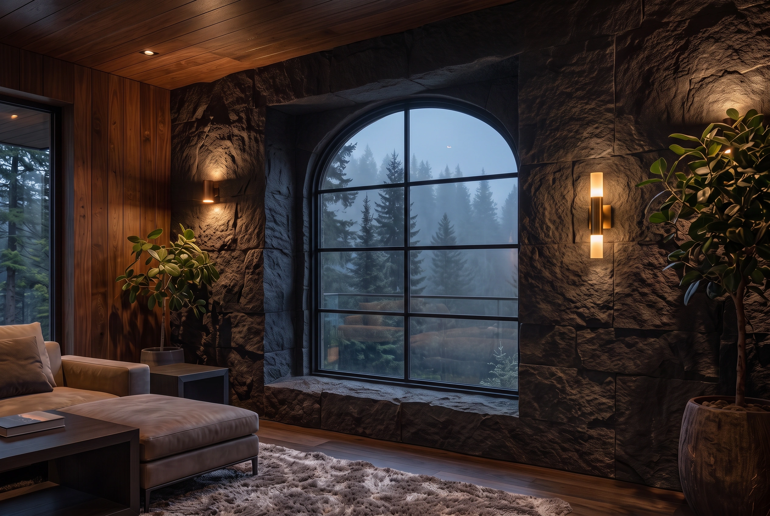 Arched Glass in a forest house interior