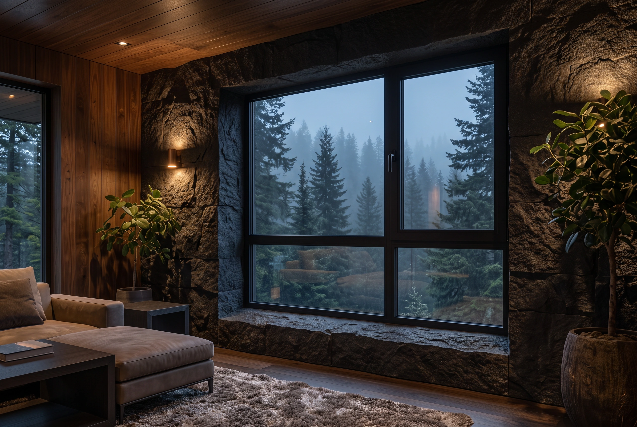 Multi-Sectioned Window in a forest house interior